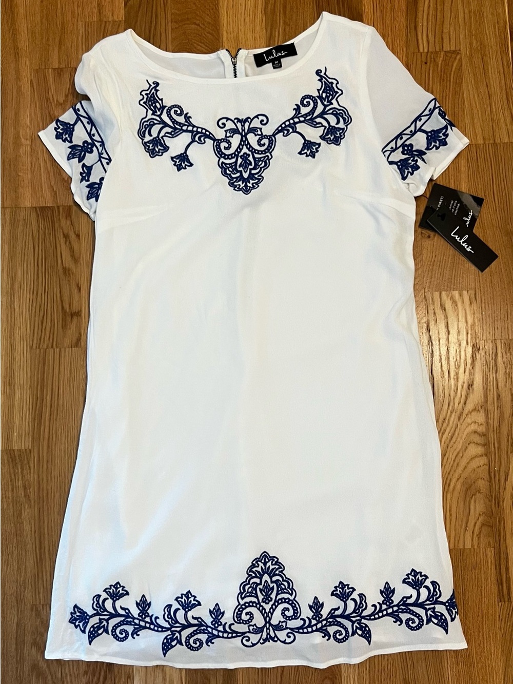 Lulu's White Shift Tunic with Navy Embroidery
